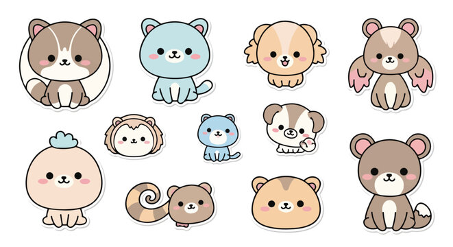 Cute cartoon animals stickers set with dogs, cats, and other creatures
