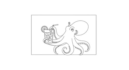 Fototapeta premium Cute Octopus Holding a Cocktail with Party Hat