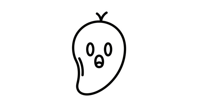 Cute Mango Character with Surprised Face, Outline Drawing, Vector Illustration