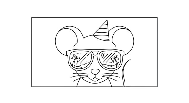 Cute Mouse Wearing Party Hat and Sunglasses Reflecting Tropical Beach Scene