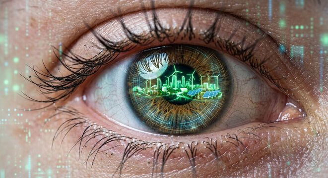 Close up of human eye with reflection of a sustainable green city, wind turbines and solar panels, vision for a green future concept