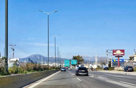 Photo of daily traffic on Olympia Odos (A8) near Elefsina (Eleusis), a suburban city and municipality west of Athens. 