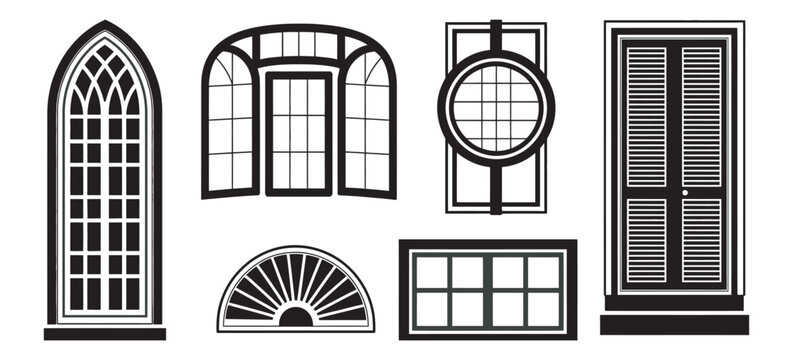 Window silhouettes line art vector set of six designs gothic arch fanlight circular shutter and rectangular paneled windows isolated clean monochrome style