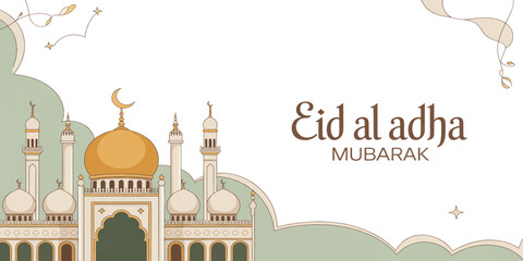 Elegant Eid Al Adha greeting with crescent moon mosque illustration and soft golden accents on a light background © mahabubmorshed