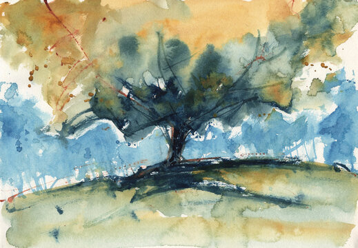 Set of abstract watercolor paintings featuring groups of trees on a grassy field, showcasing expressive brushwork, soft lighting, and textured paper background.