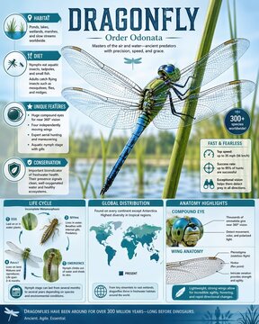 Facts about dragonflies as air and water predators with details on their habitat, life cycle, diet, and unique features shown in an educational display
