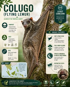 Colugo gliding through the trees in Southeast Asia showing its unique features and habitat details for educational purposes