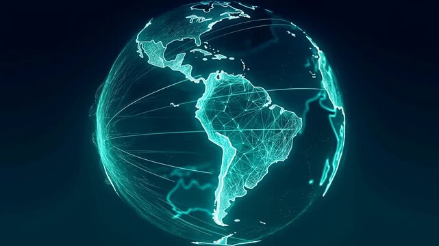 Rotating digital globe with interconnected lines representing global connectivity and data exchange. Visualizing the world as a network of information and communication