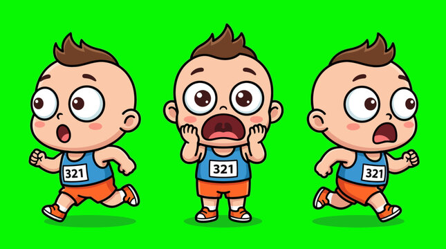 Cartoon Baby Runner with Number 321 in a Race Against Time.