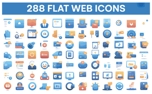 Collection of 288 flat web icons for diverse digital applications and user interfaces.