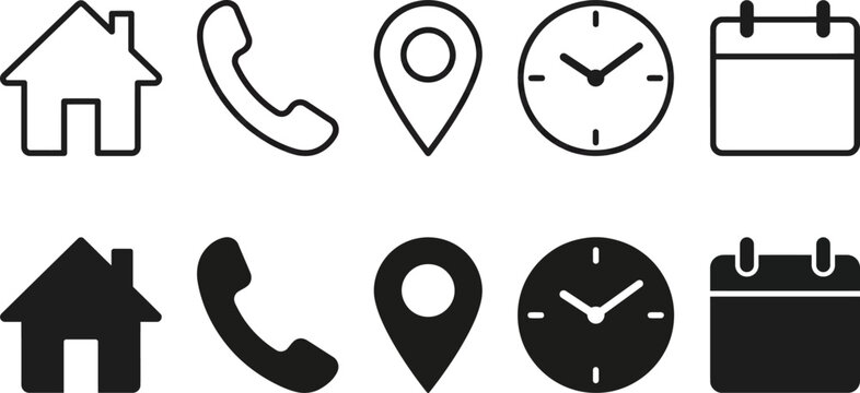 Essential UI Icon Set with Home Phone Location Clock Calendar Outline and Solid Minimal Vector Symbols Collection