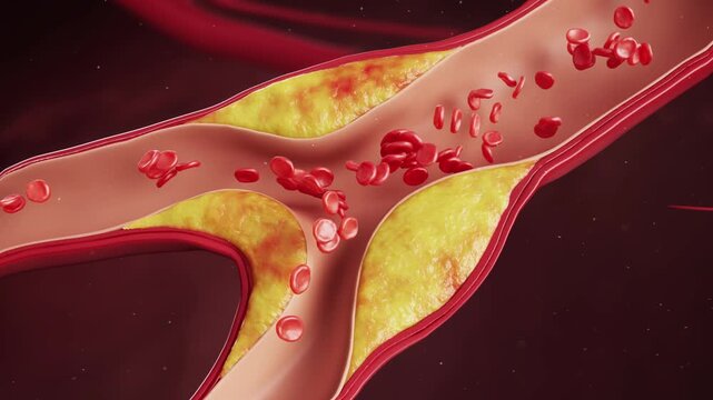 Blockage of heart vessels, blood clots forming in blood vessels, accumulation of atherosclerotic plaques and vascular garbage. Myocardial infarction and myocardial ischemia. Heart disease concept visu