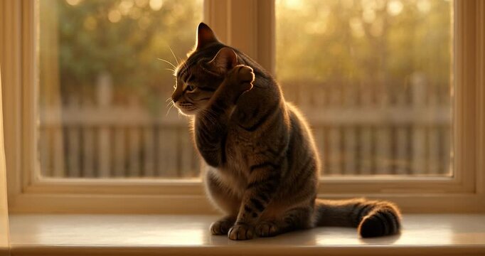 Cozy tabby cat grooming and sitting on sunlit windowsill at golden hour with warm backlight, peaceful domestic pet in soft sunlight, blurred garden fence, calm grooming and serene sunset mood