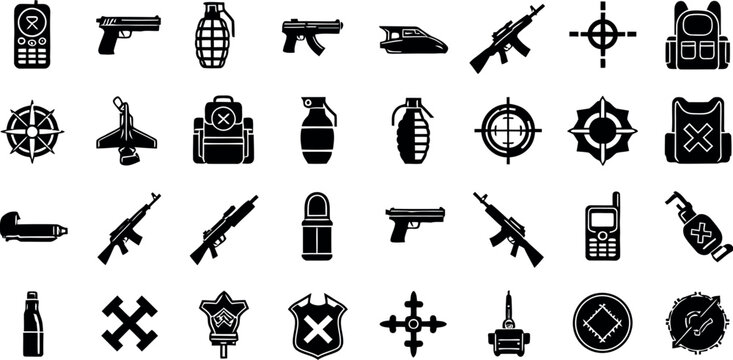 Black silhouette icons of military weapons tactical gear and explosives