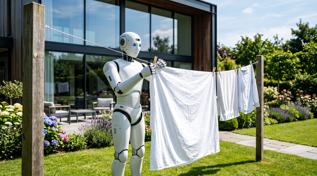 Humanoid Robot Hanging Laundry on Washing Line in Garden, AI Domestic Automation Housework Concept