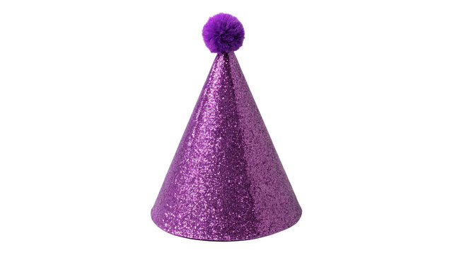 A purple party hat with a pom-pom on top isolated on transparent background cut out