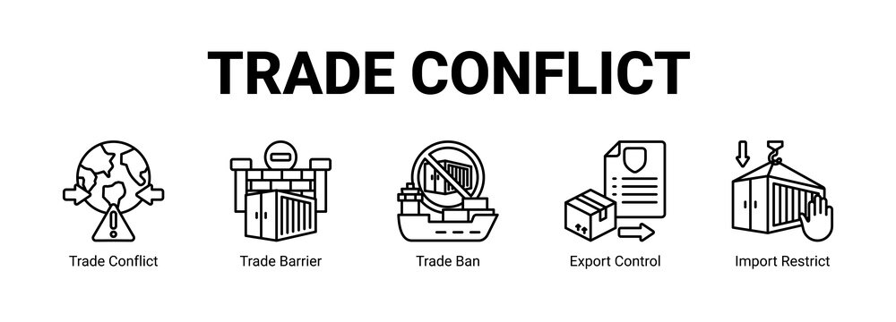 Trade Conflict web banner icon concept, with Trade Conflict, Trade Barrier, Trade Ban, Export Control.