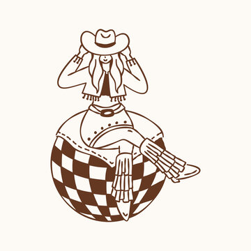 Hand drawn disco cowgirl sitting on mirror ball in western outfit, retro party line art illustration.