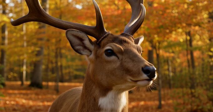 Autumn deer portrait golden forest with antler silhouette, warm light and calm expression capturing nature serenity and seasonal color curious green chameleon close up with textured skin