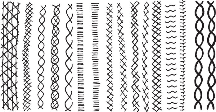 Embroidery stitch patterns consisting of various black lines and textures are displayed in a straight sequence to demonstrate different traditional needlework techniques for sewing and textiles.