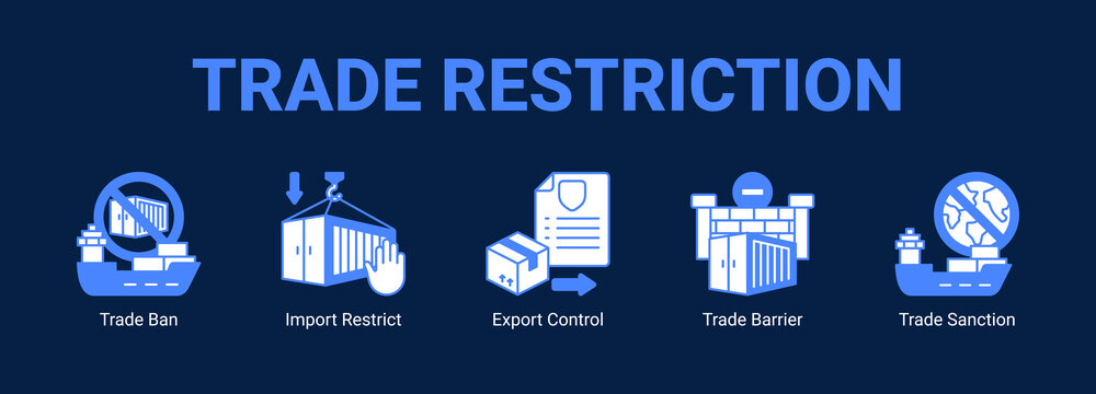 Trade Restriction web banner icon concept, with Trade Ban, Import Restrict, Export Control, Trade Barrier.