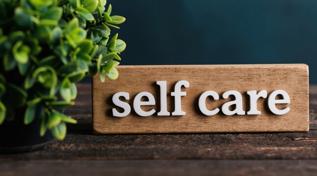 Wooden block with self care text sits near green plant. Represents wellness, personal growth, health, and happiness. Inspires positive self-awareness.
