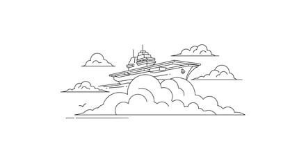 Naklejka premium Aircraft Carrier Sailing Through Clouds, Military Ship, Aerial View, Naval Power, Freedom Concept