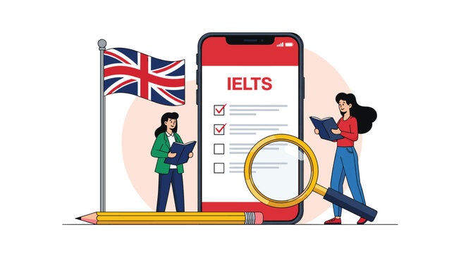 Two women studying for the ielts exam using books and a large smartphone screen with a british flag in the background.