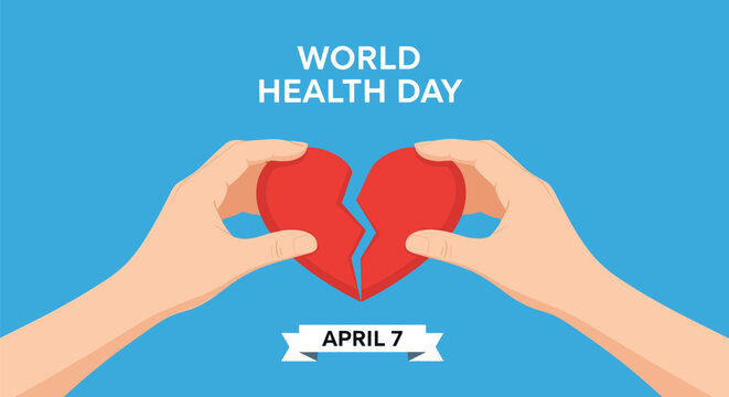 Hands holding two pieces of a broken red heart together to represent healing and recovery for World Health Day on a blue background.