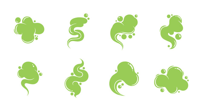 Set of green gas cloud icons representing bad smells, fumes, smoke, or toxic odors with decorative bubbles on a white background.