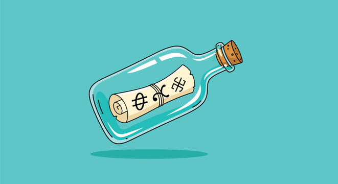 Message in a glass bottle with a cork stopper containing a paper scroll with black symbols over a turquoise water background.