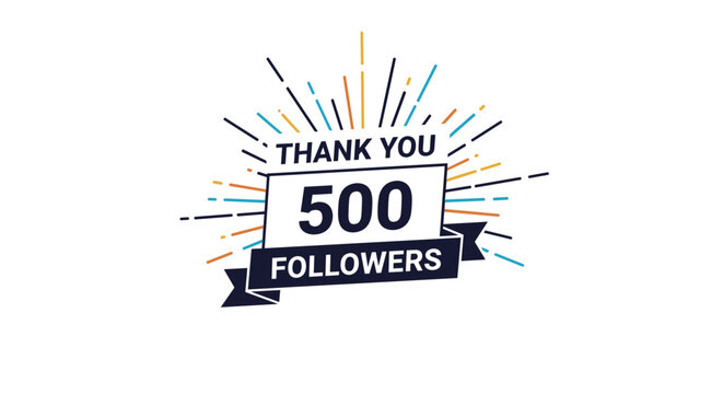 Social media milestone celebration banner for five hundred followers featuring decorative sunburst rays and a dark blue ribbon.