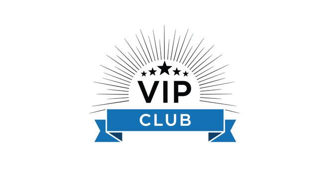 VIP club premium membership badge featuring a central star, five small stars, sunburst light rays, and a blue decorative ribbon banner.