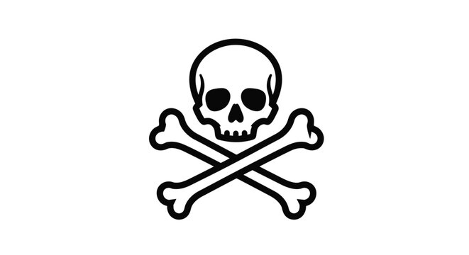 Traditional skull and crossbones symbol in black and white line art representing danger, poison, pirates, and lethal warnings.