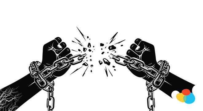 Powerful illustration of two clenched hands breaking free from heavy metal chains to symbolize freedom, justice, and liberation.