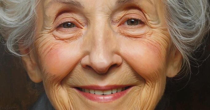 Smiling elderly woman close up portrait with closed eyes, silver hair, peaceful smile, soft light highlighting facial wrinkles and detailed skin texture, warm joyful expression conveying wisdom