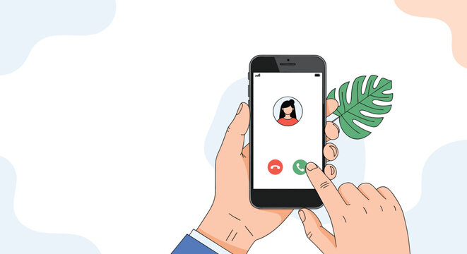 Close up of a hand holding a smartphone with an incoming call and a finger ready to answer the green button for communication.