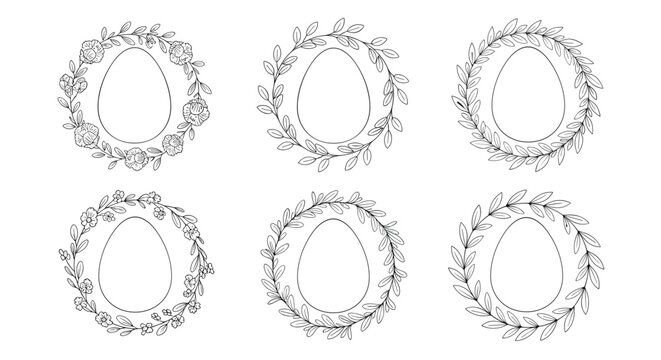 Set of six black and white line art wreaths in the shape of an egg decorated with spring flowers and leaves for easter celebrations.