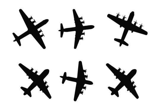 Four-Engine Propeller Airplane Silhouettes Set, Vintage Heavy Transport Aircraft and Cargo Plane Vector Illustrations