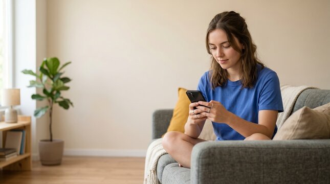 Casual young woman relaxing on a cozy living room sofa, absorbed in her mobile phone for communication, social media, or personal digital tasks, reflecting modern connectivity
