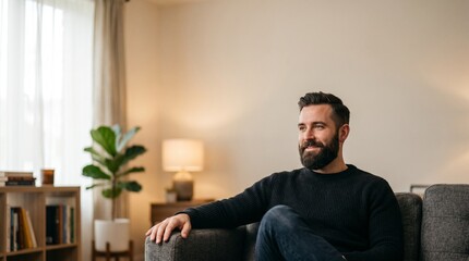 Fototapeta premium A handsome man with a beard sitting comfortably on a sofa in a modern living room, looking out a window
