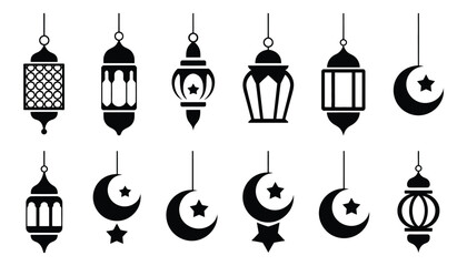 Ramadan lantern and crescent moon icons in black and white, elegant Islamic decorative vector set for festive celebrations and cultural design elements © Sidratul Muntaha 5