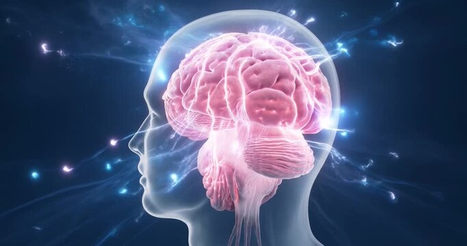 Pink glowing human brain illustration showing neural activity and brainstem inside transparent skull and head with illuminated cortex and neural pathway highlighting focal neuron activity