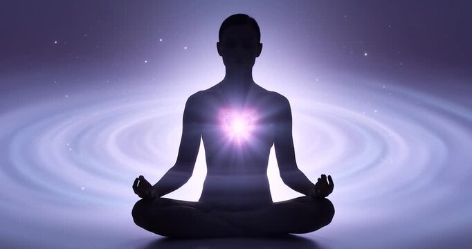 Meditative silhouette with glowing heart energy and soft violet aura person seated lotus pose radiating calm and spiritual focus swirling light and subtle stars meditative silhouette with glowing
