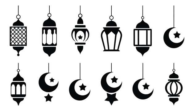 Ramadan lantern and crescent moon icons in black and white, elegant Islamic decorative vector set for festive celebrations and cultural design elements