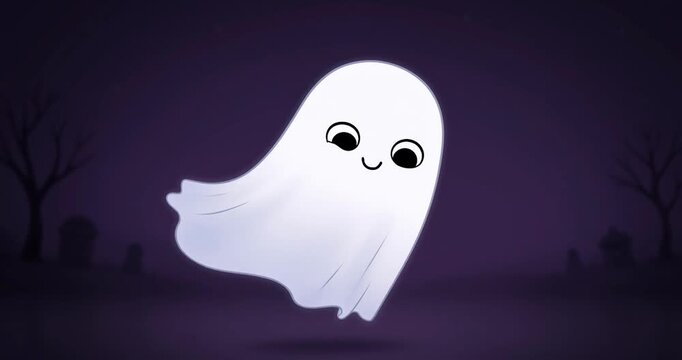 Cute smiling ghost floating above misty graveyard night with purple sky and soft glow, whimsical Halloween mood cute floating ghost with smiling face and playful spooky charm, cute ghost conveying