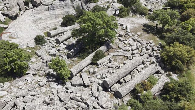 Aerial Drone View of Ancient Granite Quarry with Unfinished Stone Columns in Ezine Canakkale Turkey