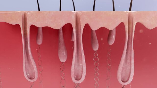 Laser hair removal equipment inhibits skin hair growth, cleans pores, carbonizes and decomposes hair. Beauty device for skin beauty solutions. 3D animation.