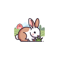 Obraz premium A cute cartoon rabbit sitting in a green field near a small red barn