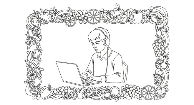 Young student with headphones learning on laptop, framed by fresh fruits border, black and white line art